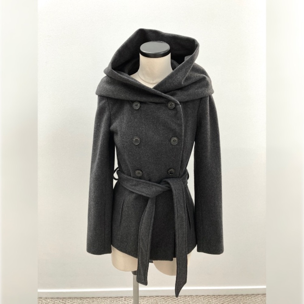 ZARA Grey Cowl Neck Wool Blend Hooded Pea Coat